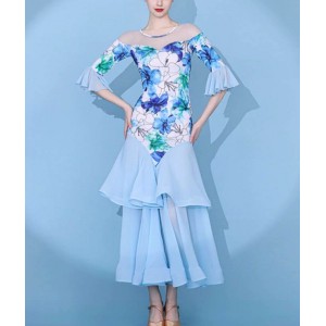 Blue flowers ballroom dance dresses for women girls waltz tango foxtrot smooth dance long gown ruffles skirts for female